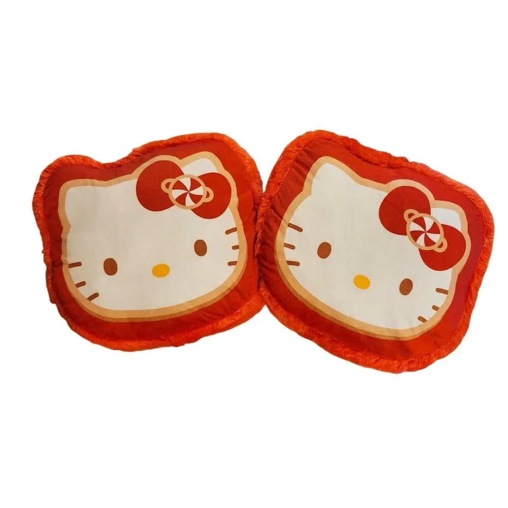 Set of 2 Sanrio Hello Kitty Red Faux Fur Decorative Pillows 14x14 Peppermint Bow